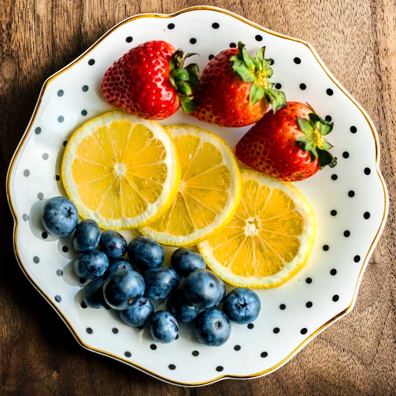 strawberries, blueberries, lemon